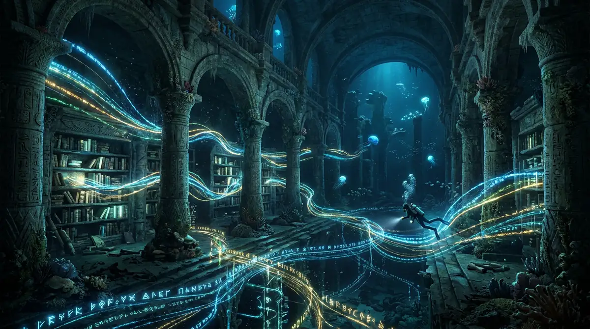 An ancient, luminescent sunken library, with glowing data streams