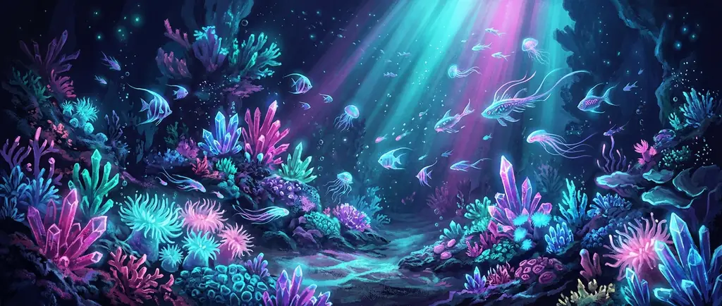 Panoramic view of abyssal flora and fauna