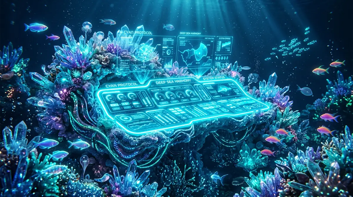 A futuristic underwater console radiating bright cyan light, embedded in a coral reef