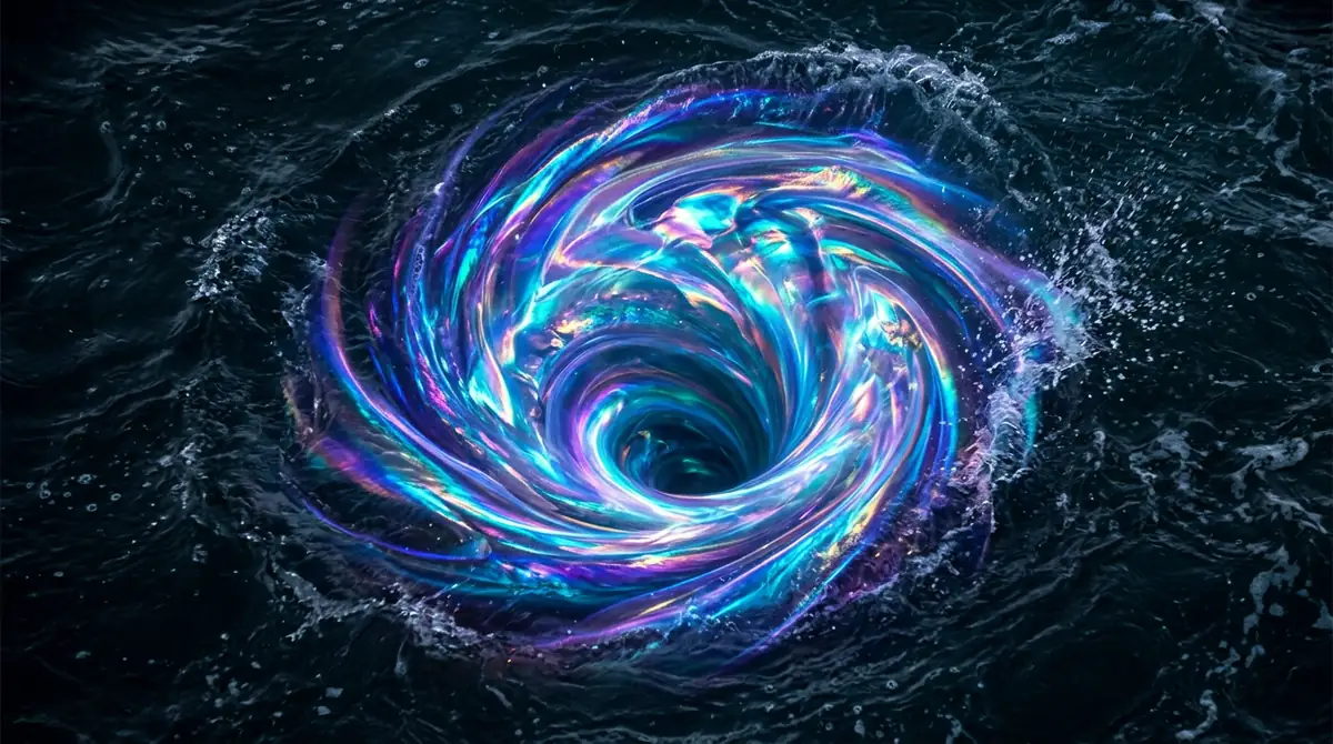 A glowing, iridescent whirlpool made of liquid opal