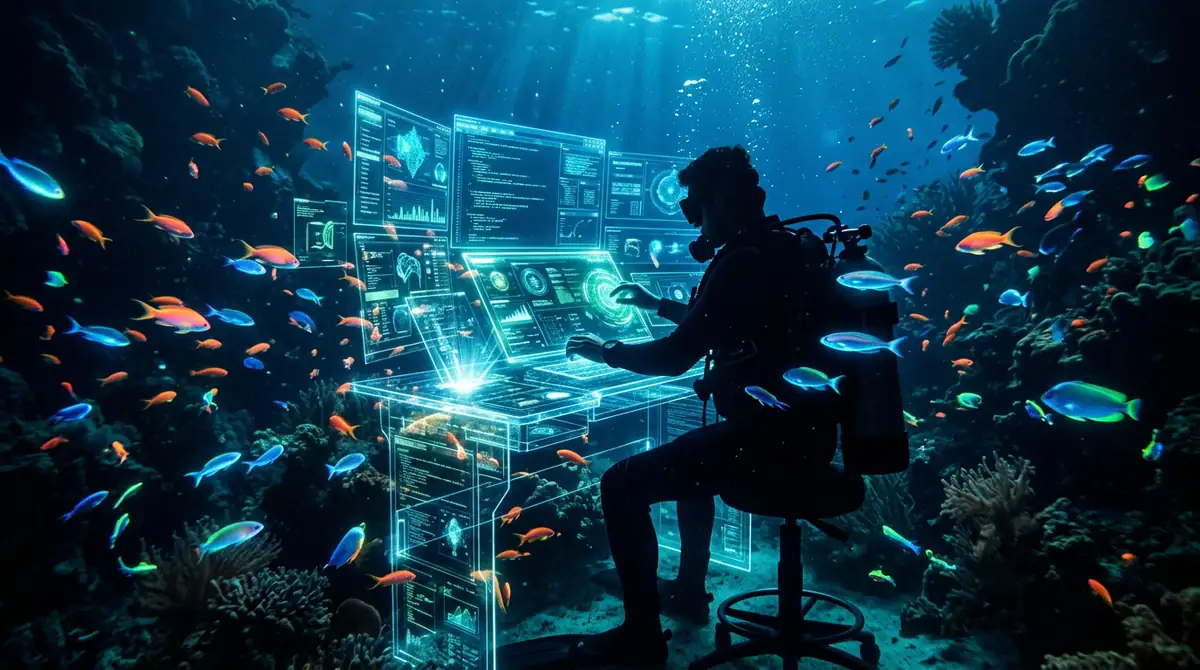 Silhouette of a developer at a glowing holographic desk submerged underwater
